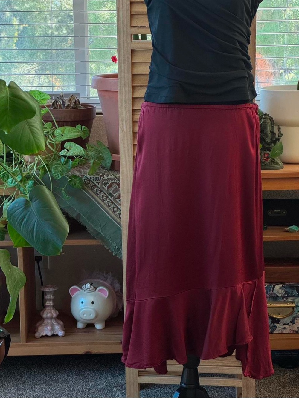 J. Jill Burgundy Midi Ruffle Hem Skirt